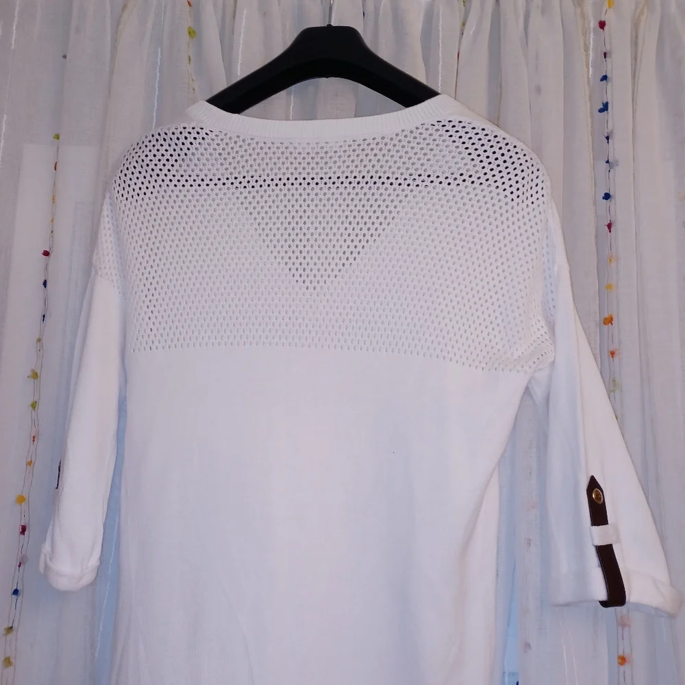 JOAN VASS White V Neck Women's Sweater Faux Leather Roll Up Sleeve Strap…
